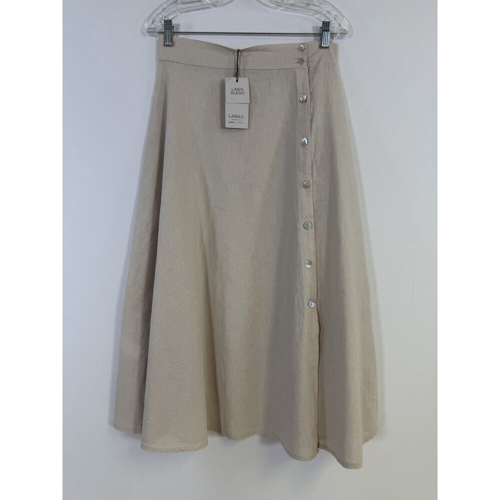Lara G Linen‎ Cotton A-Line Wrap Skirt Beige Button Front Italy Women S